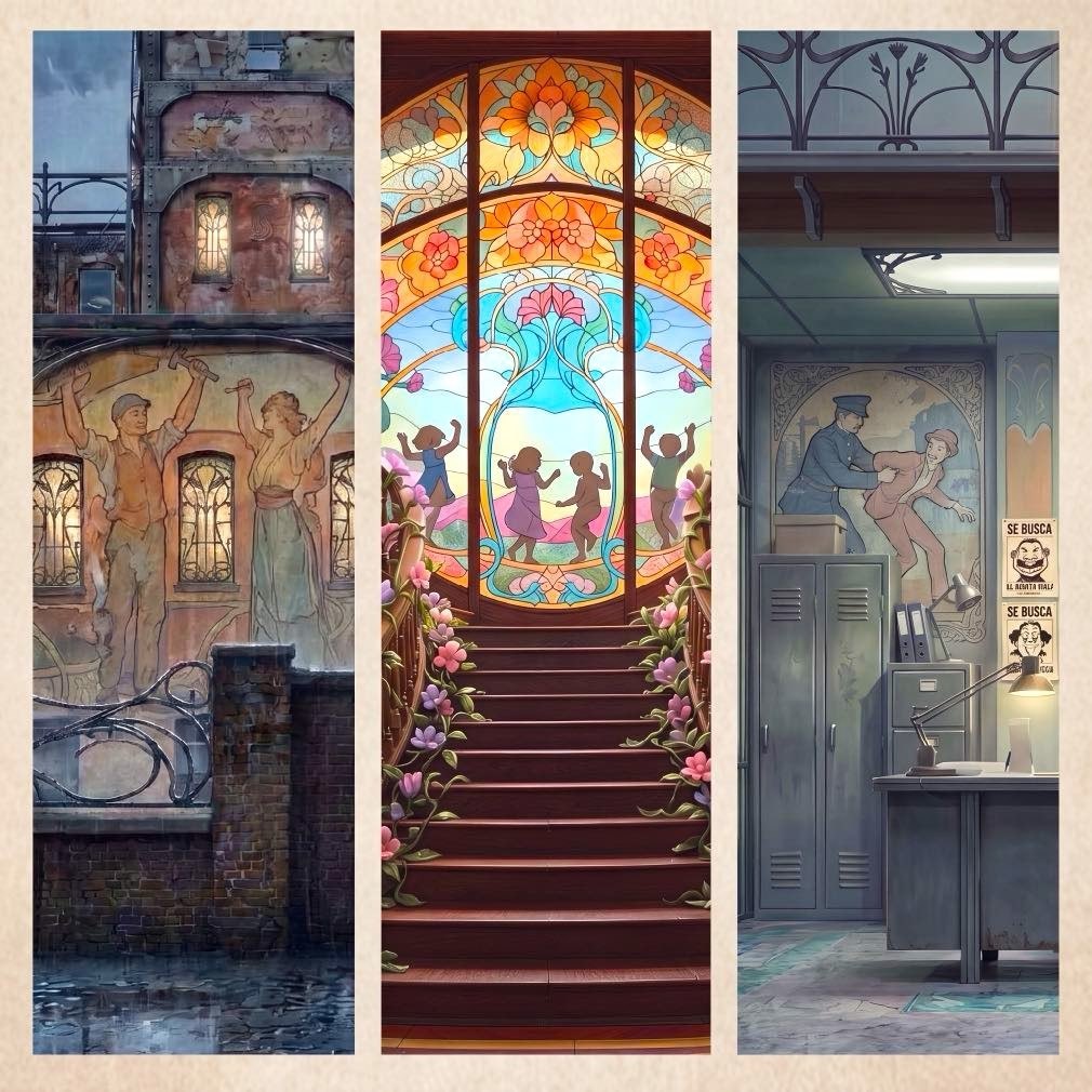 Vertical triptych — factory, staircase, precinct